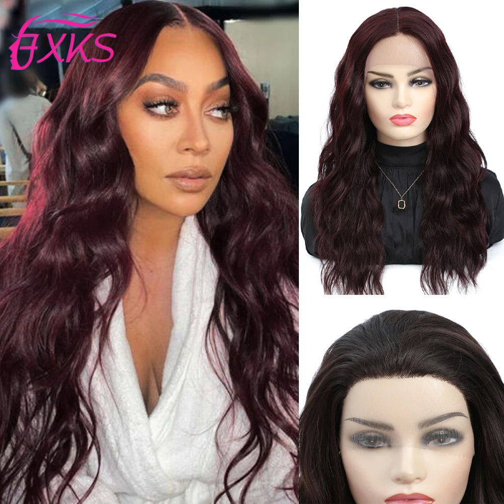 99J Red Synthetic Lace Front Wigs Body Wave Synthetic Hair Lace Wigs Middle Part Deep TPart Lace Wigs 13x2 Lace 20Inch FXKS