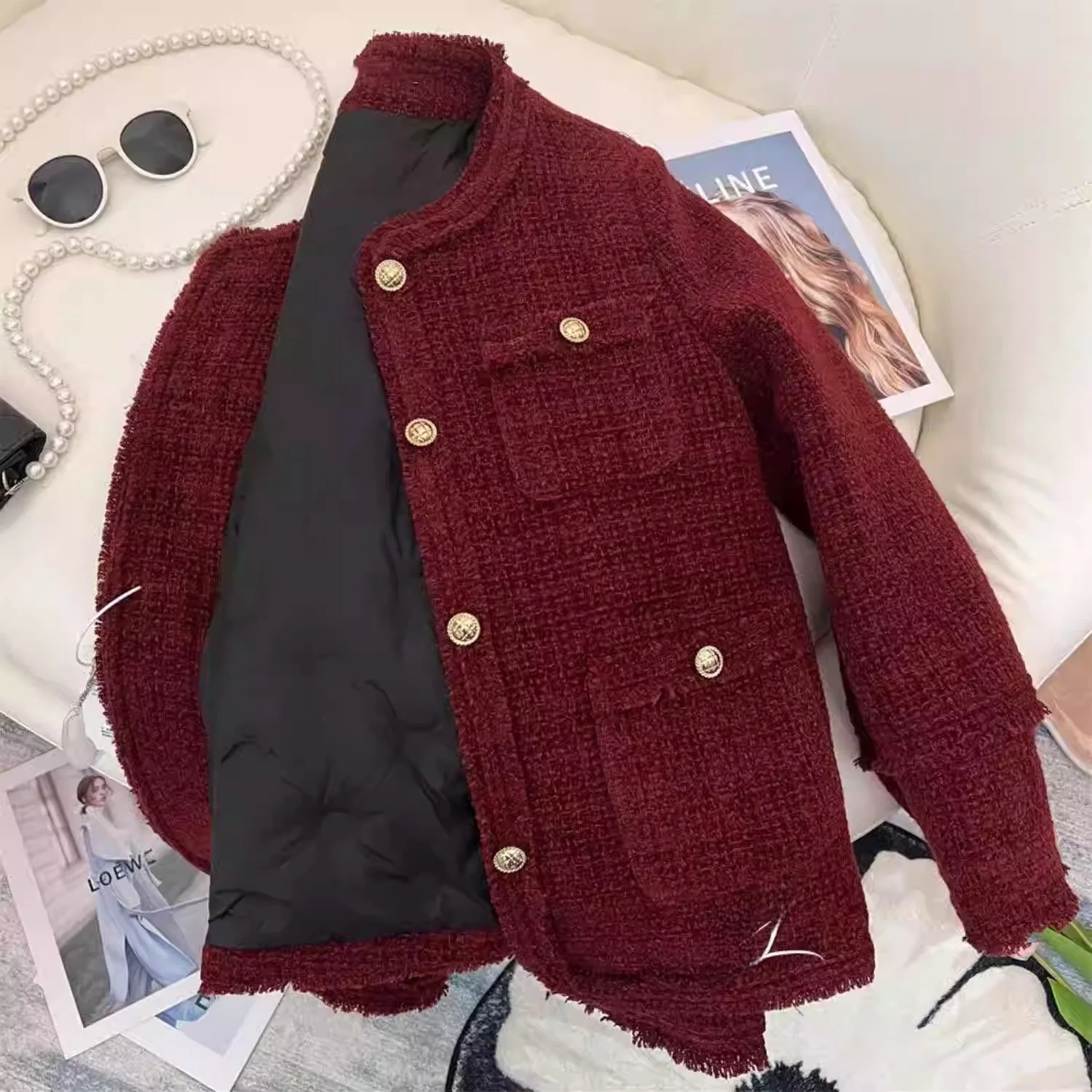 2024 Winter New Red Graceful Down jacket Women Short Thickened White Duck Down Liner Tweed Outerwear Fashion