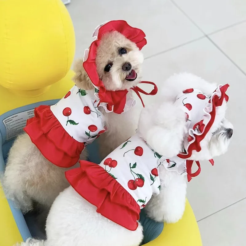 

Dog Clothes Cute Cherry Print Dog Swimsuit Pet Cats Puppy Bichon Poodle Thin Breathable Summer Pet Vest Small Dog Dresses