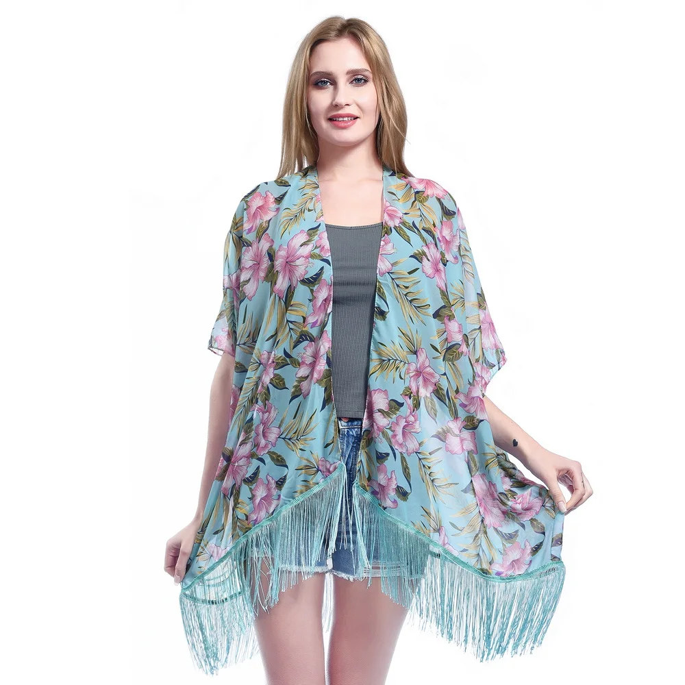 

Women's Summer Lightweight Chiffon Floral Tassels Shawl Beach Bikini Cover Up Cardigan Bathing Suit Cover Ups