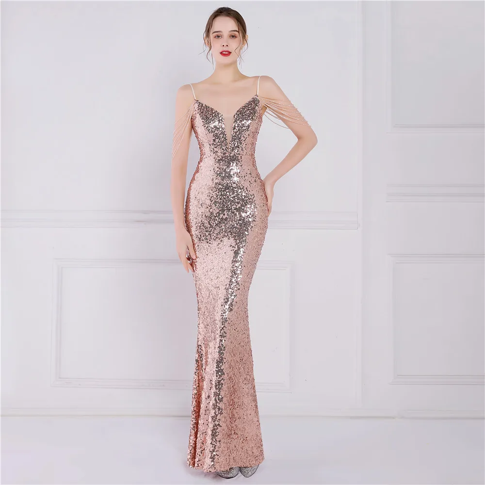 Women Formal Occasion Dresses Elegant Beading Sequin Sexy V Neck Sleeveless Maxi Dress Fashion Mermaid Long Dresses