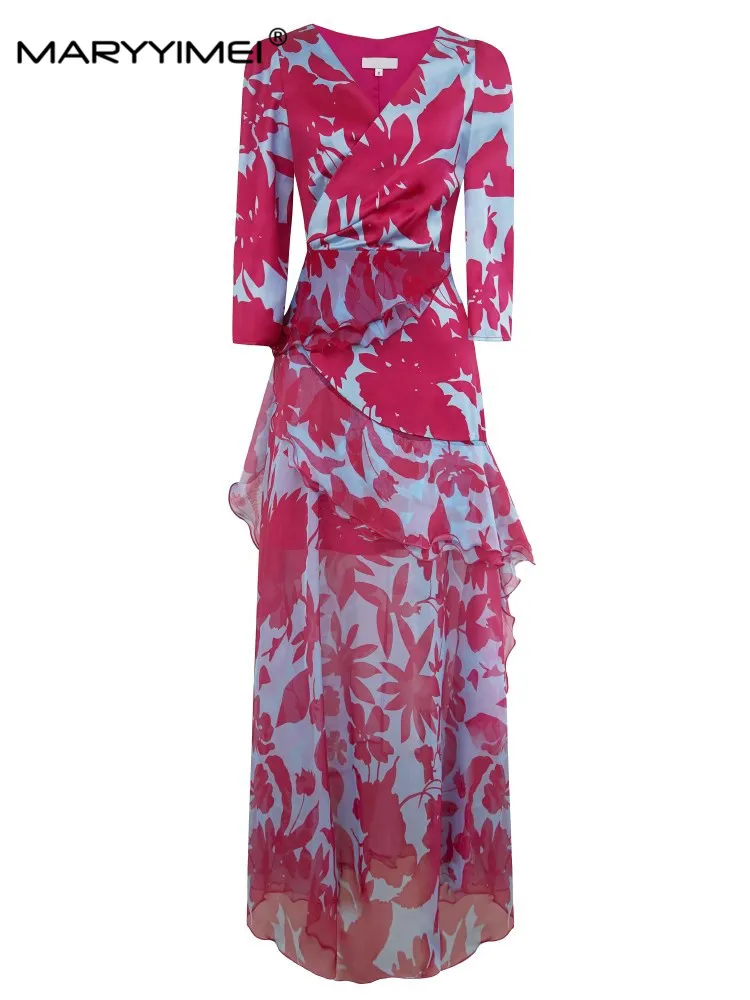 

Весенне-осеннее модное женское платье MARYYIMEI с V-образным вырезом, элегантные праздничные ацетатные вечерние платья с принтом и оборками