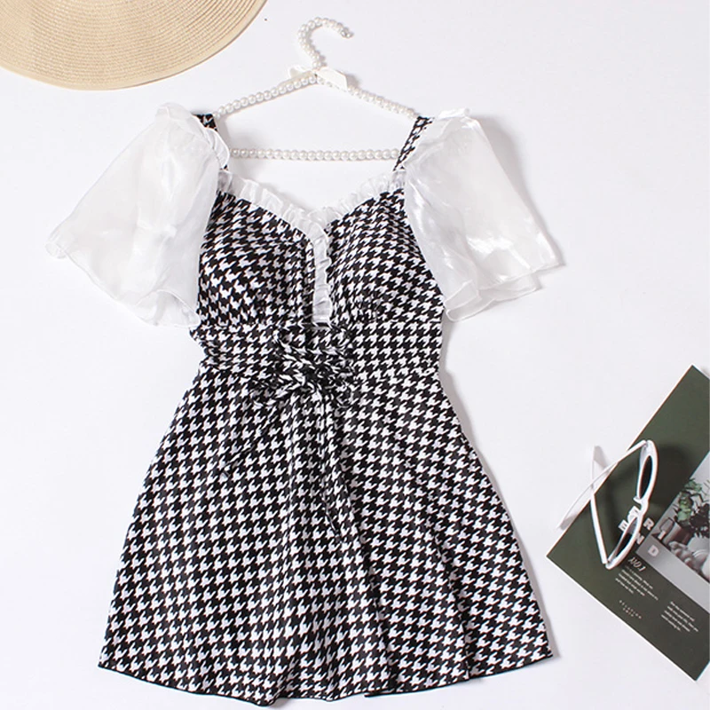 Korean Plaid Swimwear One Piece Suit 2023 Swimsuit Women Plus Size Short Puff Sleeves Bathing Suit Dress Hot Spring Wear
