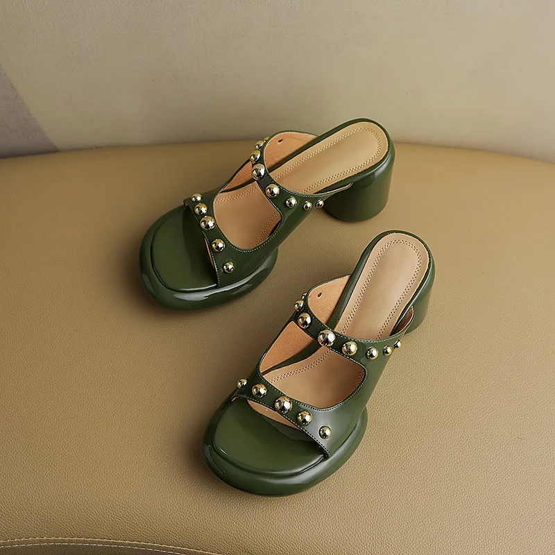 big size sandals women slipper 2023 punk rivets round high heel summer platform shoes women real leather open-toe rome sandalias