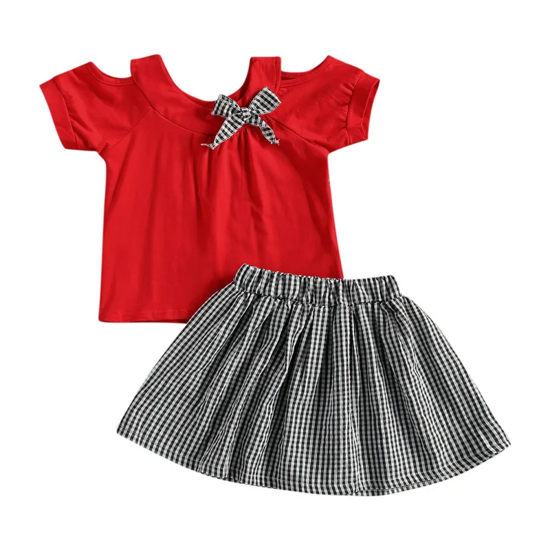 

2 Pieces Kids Suit Set Bowknot Round Neck Short Sleeve Off Shoulder Tops+ Plaid Skirt for Summer