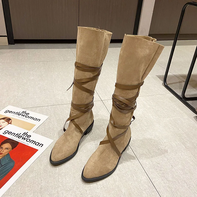 

Женские длинные джинсовые сапоги, осенне-зимние сапоги до бедра с острым носком, на низком каблуке, 2022