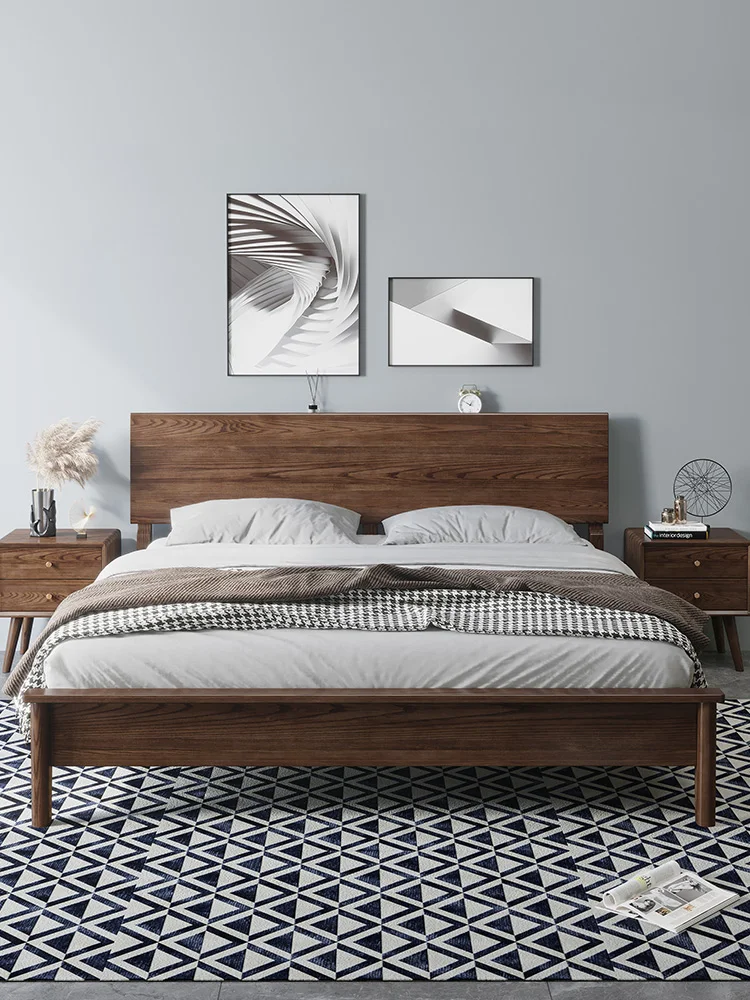 

Ash simple solid wood bed Simple modern pure wood double bed, 1.8m master bedroom, Nordic retro log bed