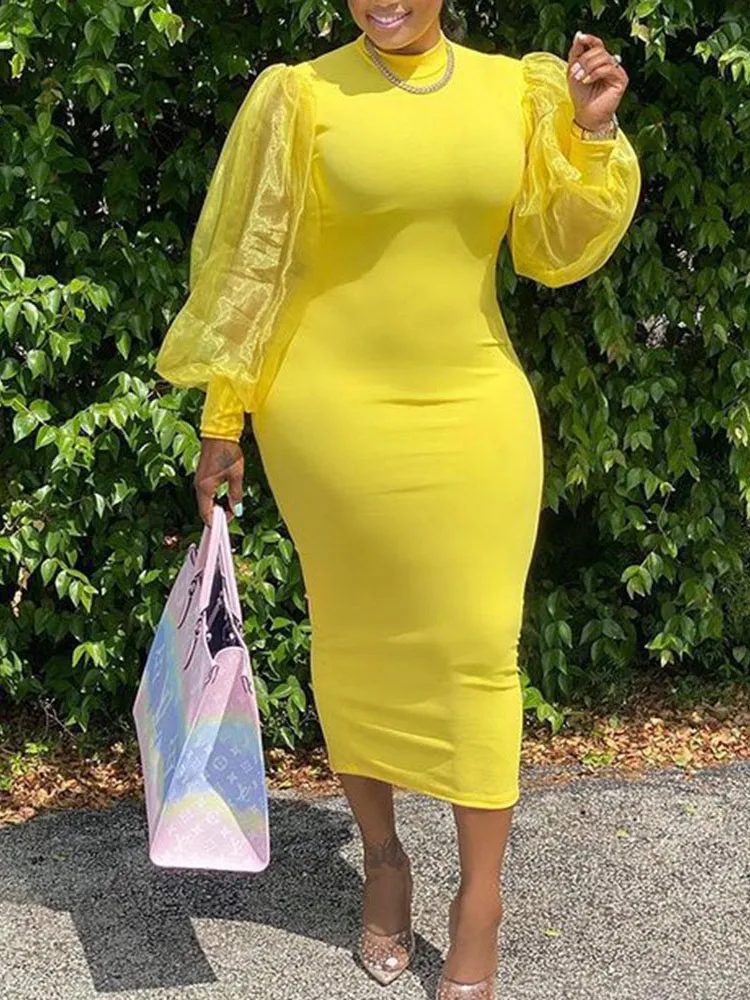 Elegant Women Yellow Bodycon Dress Long See Through Sleeve Tulle Stitching High Neck Slim Fit Dresses Large Size Party Clothes