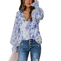 loose chiffon shirt floral pattern print fashion lantern sleeve casual women shirts autumn spring top elegant female blouses