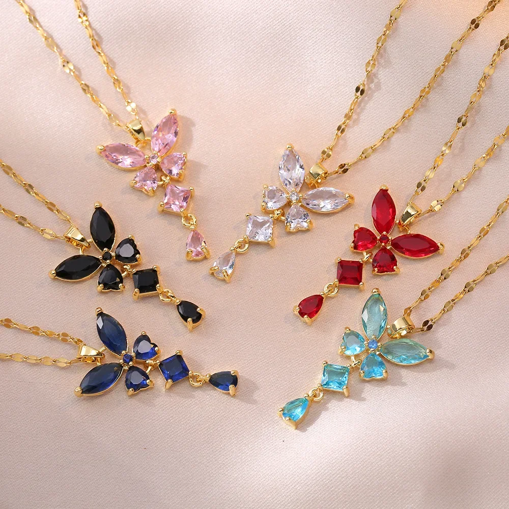 Корейская мода Ins кристалл бабочка ожерелье Шарм CZ камень пляжные украшения