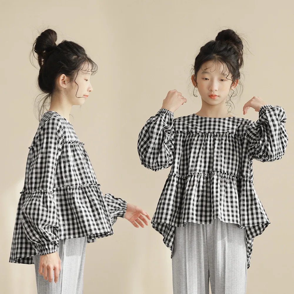 

Клетчатая хлопковая блузка для девочек; Милая свободная подростковые Топы; Коллекция 2023 года; Весенние Рубашки в японском стиле для больших девочек