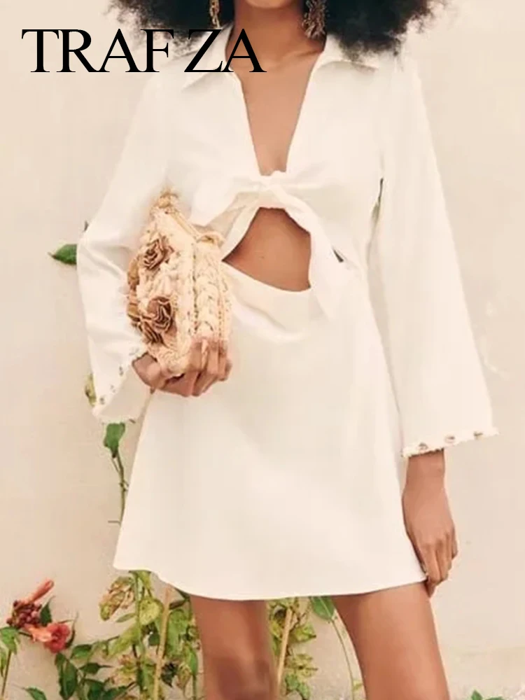 

TRAF ZA Fashion Shirt Solid White Dress Commuter Tie Lapel Cutout Slim Fit Long Sleeve Cuff Beaded Chic Short Dress Office Wear