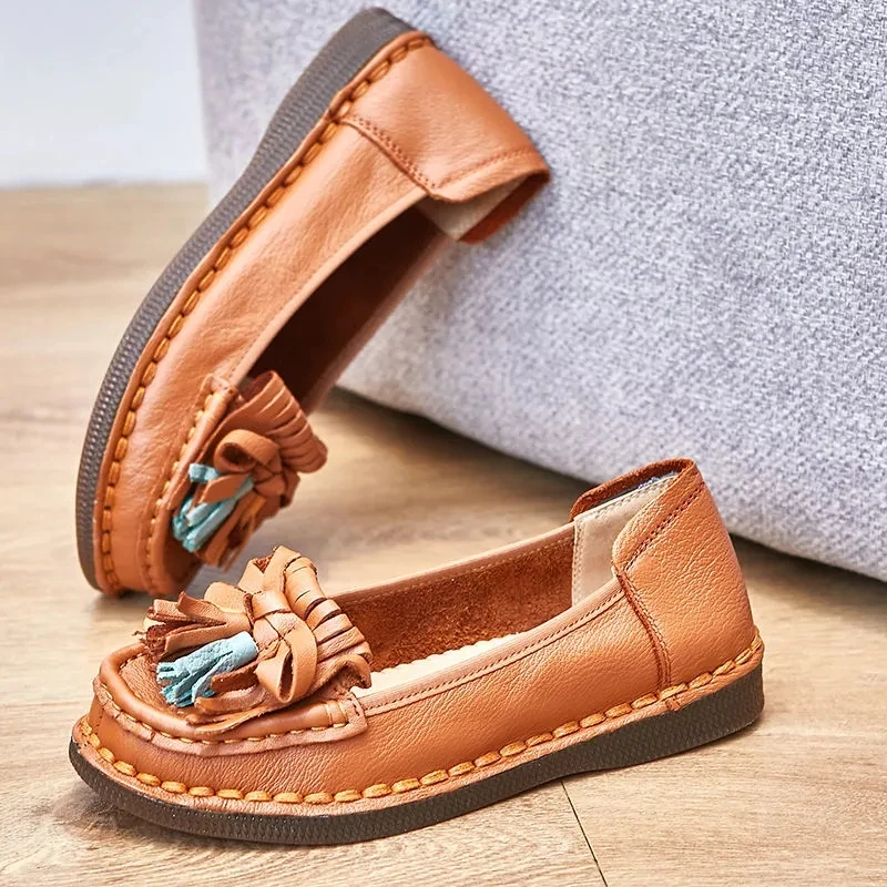 Genuine Leather Shoes for Women Spring Autumn Female Casual Loafer Mom Ladies Comfortable Tassels Classic Leisure Flats Shoes