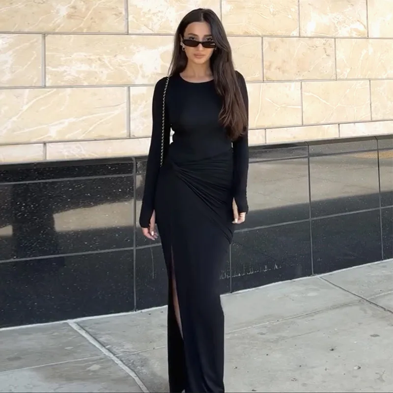 Облегающий топ с круглым вырезом и длинными рукавами сексуальная юбка разрезом