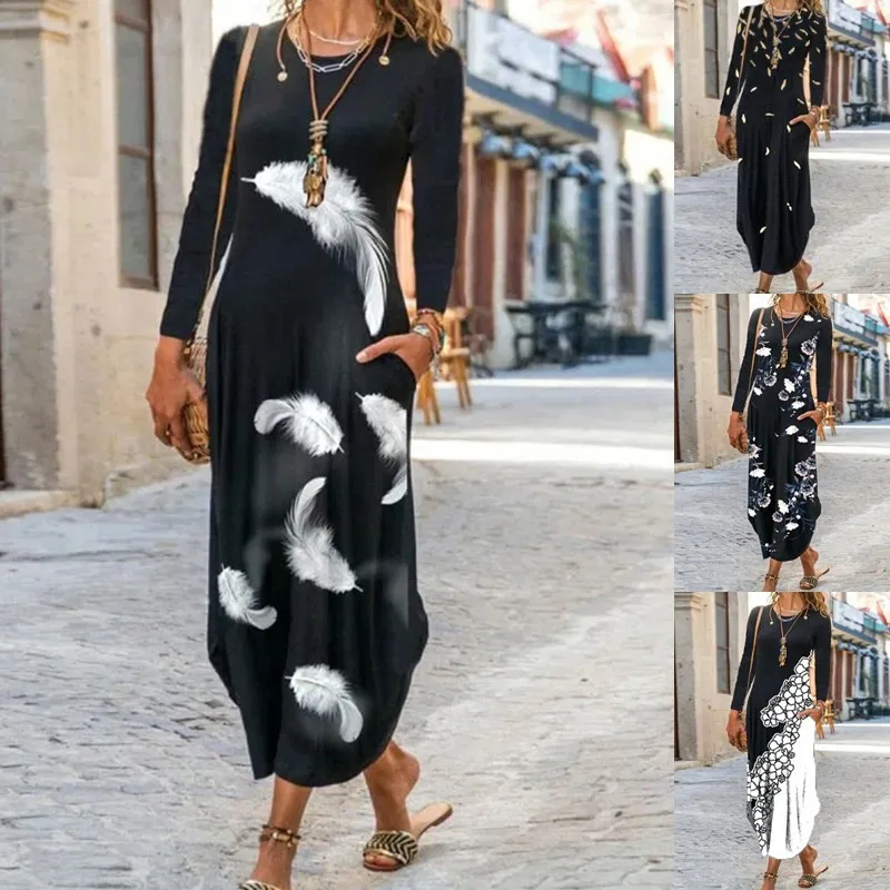 

21Cross-Border European and American Autumn and Winter New Women's Clothing Long Sleeve Loose Printed Short Sleeve round-Neck Lo