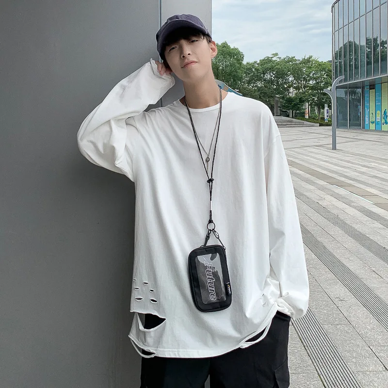 Футболка мужская с отверстиями в стиле хип-хоп однотонная Модная рубашка