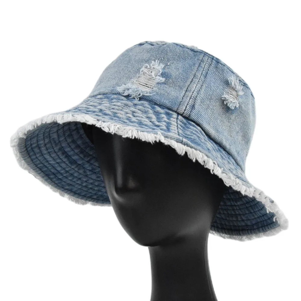 Sun Hats for Women Summer Casual Wide Brim Denim Cotton Bucket Cap Panama Beach Vacation Travel Accessories