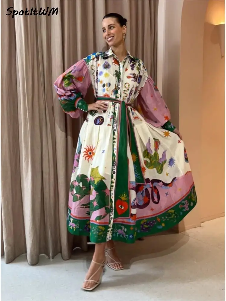 

Animal Printed Long Lantern Sleeve Dress With Belts Cartoon Single Breasted Lapel A-line Dresses Female Summer Loose Vestidos