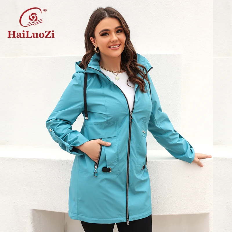 HaiLuoZi Spring New Women's Coat Big Pocket Casual Sports Plus Size Traf Casual Windproof High Quality Hooded Zipper Jacket 9737