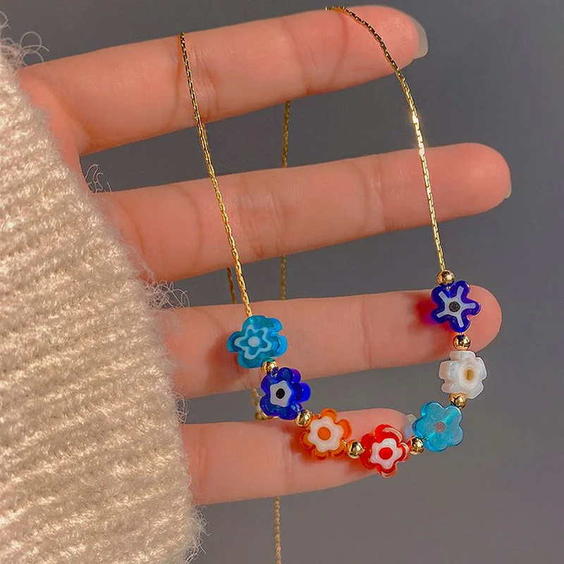 

New Colorful Charm Flower Beadeds Necklace For Women Fashion Bohemia Rice Beads Choker Clavicle Beach Jewelry Accessories