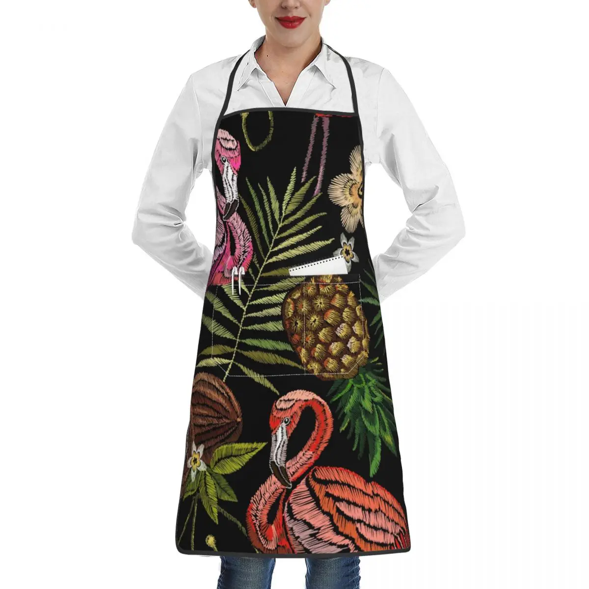 

Tropical Flamingo Palm Tree Leaves Pineapple Coconut Apron Waterproof Home Kitchen Cooking Waist Hanging Neck Towel Apron
