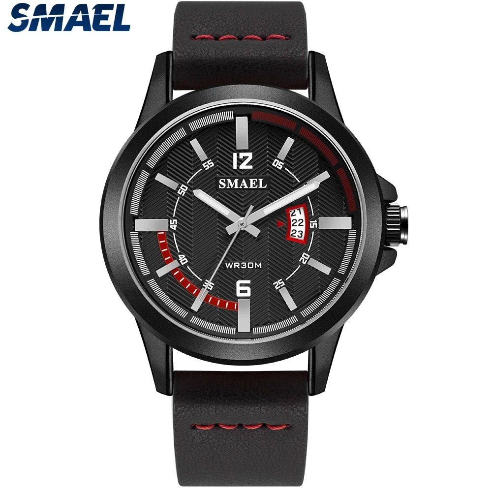 

SMAEL The Men's Watches Black Leather Watchband Calendar Clock 30M Waterproof Watch 9115 relogio masculino Quartz Wristwatches
