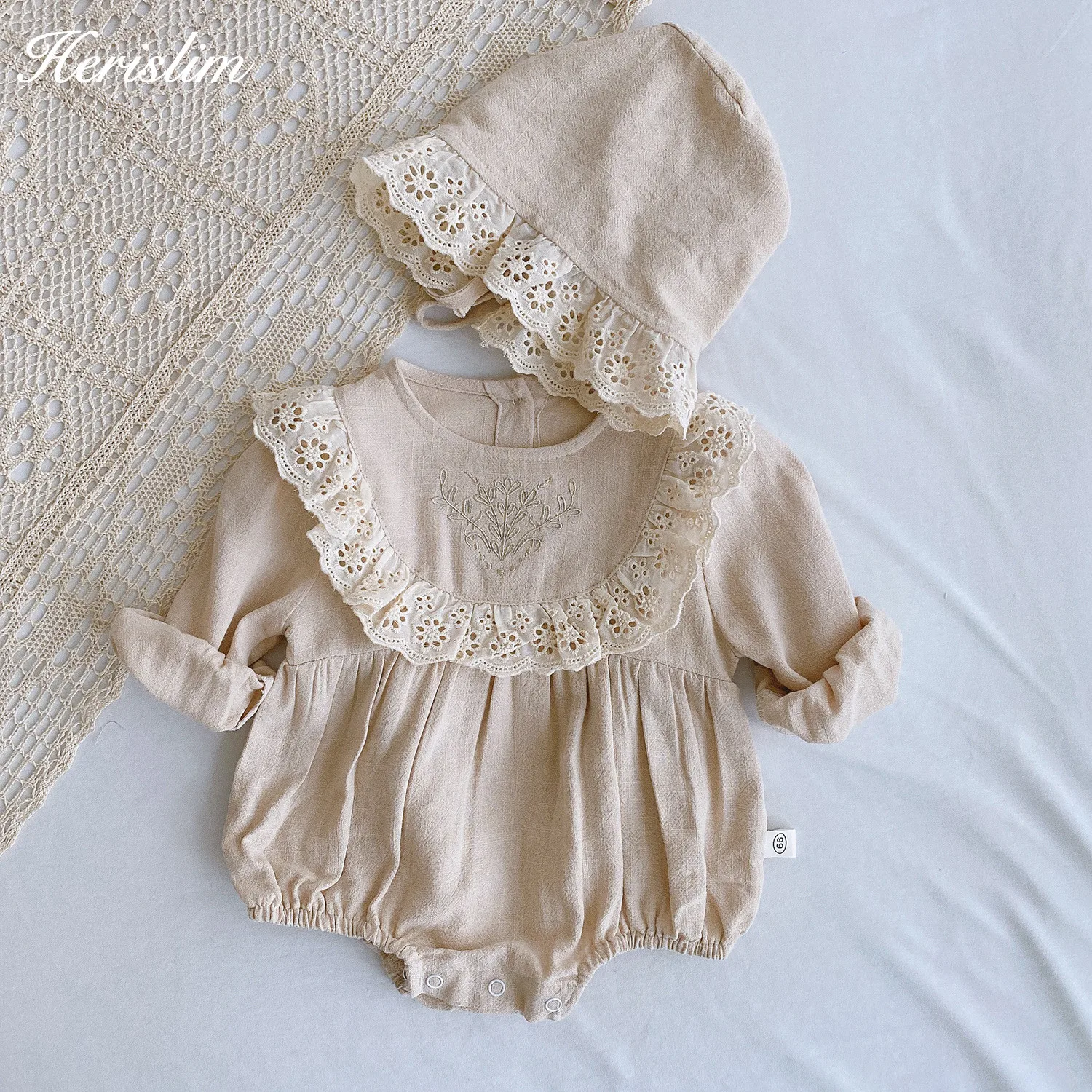 

Baby Beige Lace Princess Romper Spring Autumn Retro Girls Embroidery Clothes Cotton Infant Outfits 2pcs Set Romper With Hats