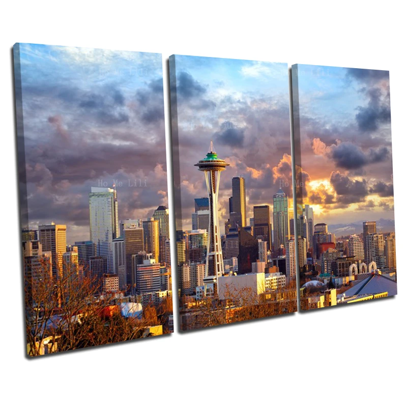 

Seattle Skyline At Sunset With Space Needle Modern Buildings Panoramic Canvas Wall Art By Ho Me Lili For Home Decor