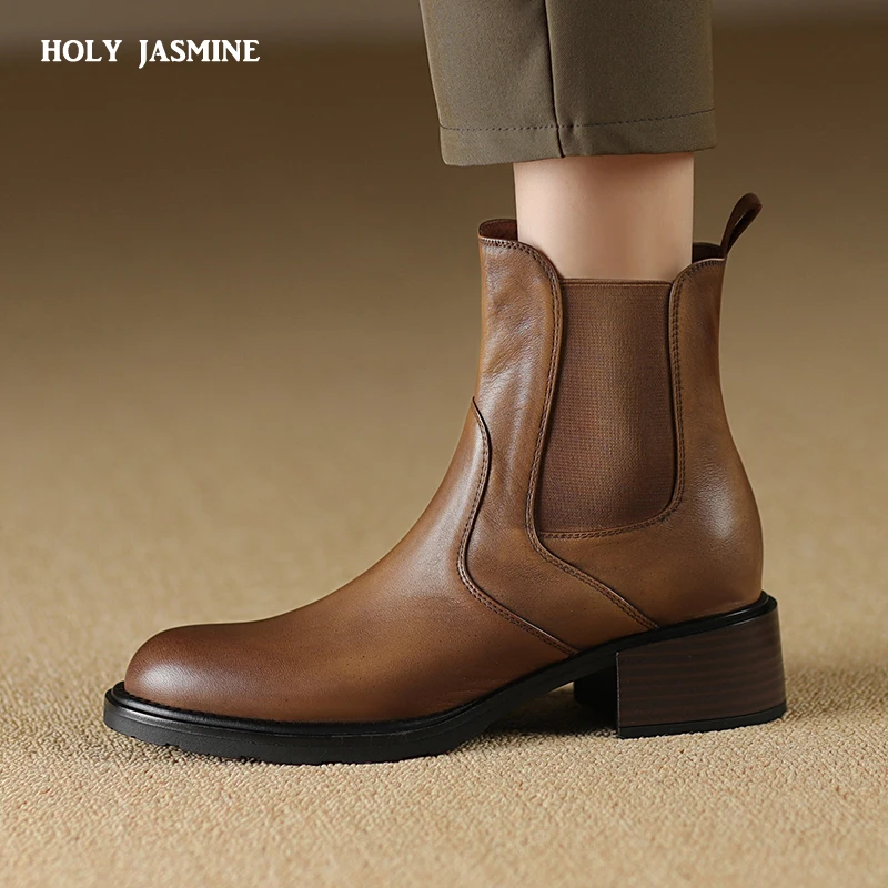 

Женские ботильоны из натуральной кожи на толстом каблуке, простые офисные полусапожки на осень и зиму, 2023