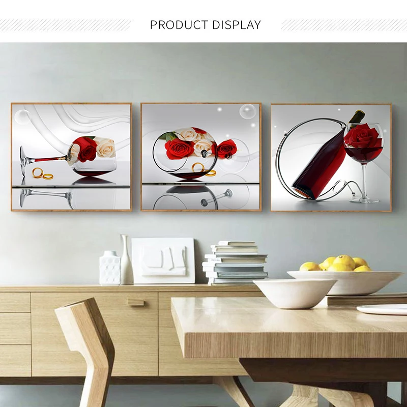 3-częściowa romantyczna kuchnia Czerwone wino Róża Nordic Plakaty ścienne Obrazy na płótnie Home Decor HD Dekoracje do jadalni