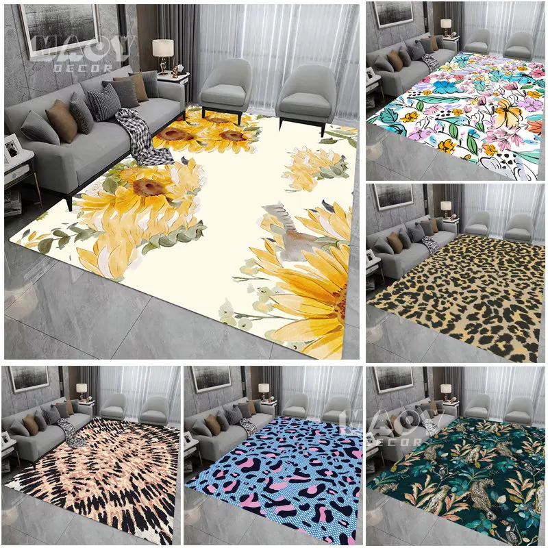 

Nordic Light Luxury Flannel Carpet Sunflower Leopard Print Quotes Rug Non-slip Dirt-resistant Entrance Mat Modern Bedroom Rugs