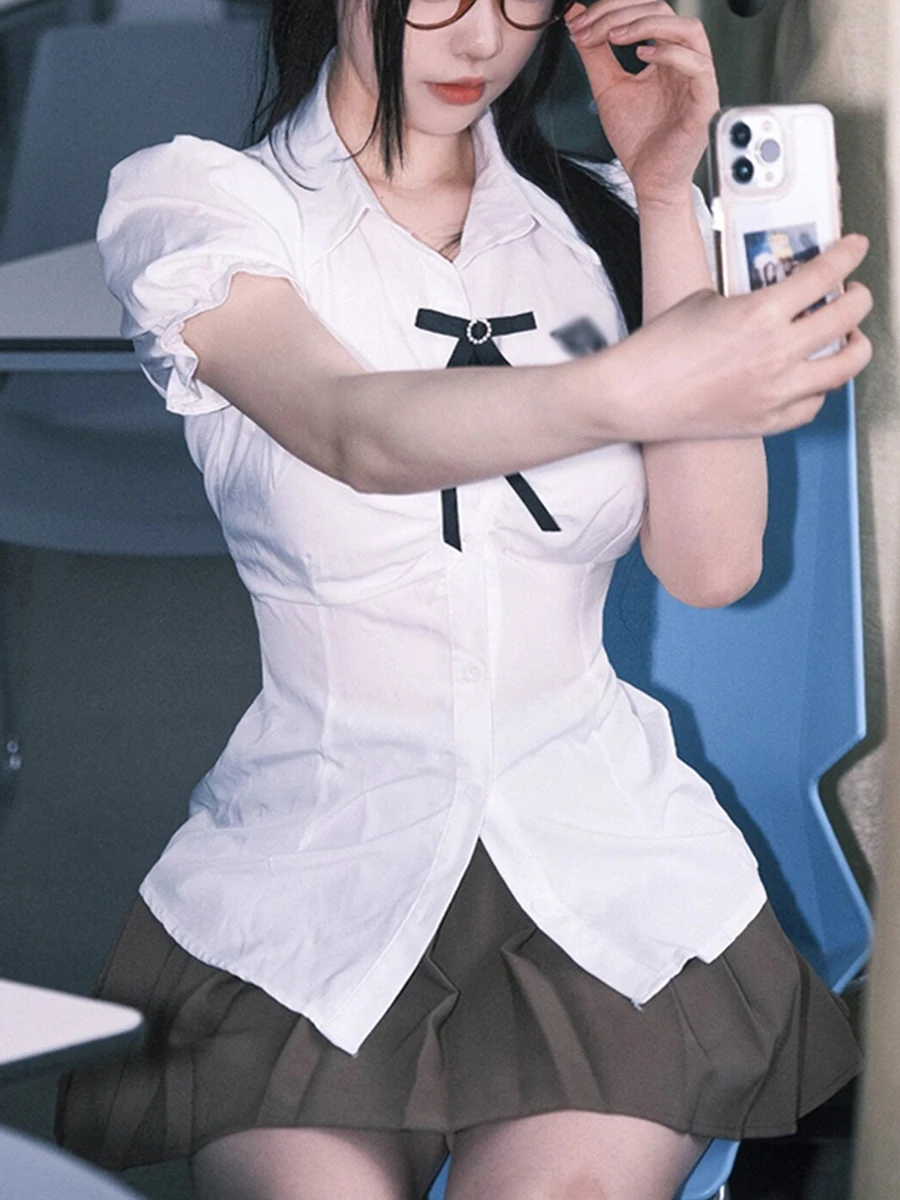 Рубашки Jk Uniform Pure Desire в стиле преппи с пышными рукавами женские летние облегающие