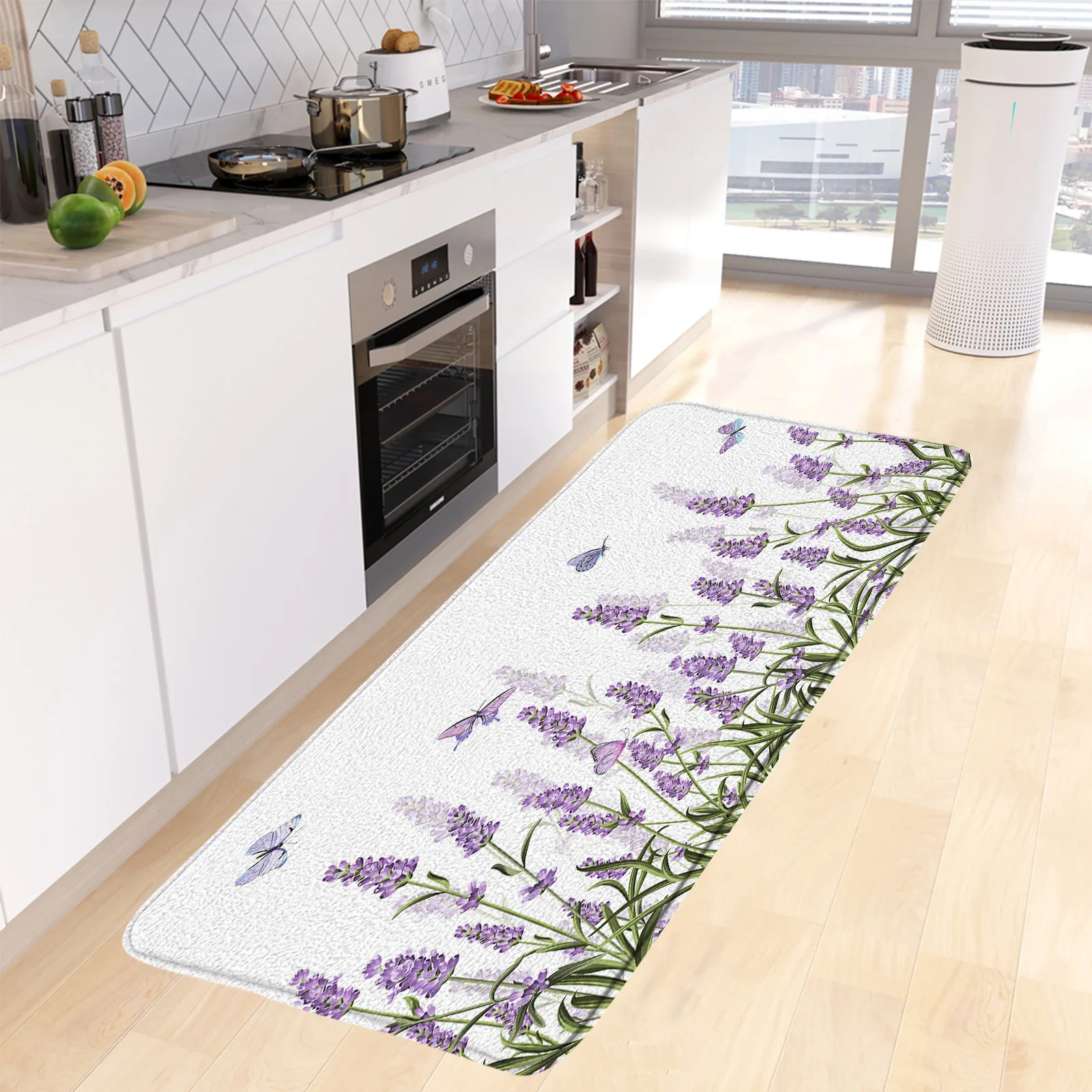 

Фиолетовые Лавандовые кухонные коврики, бабочки, Акварельные Цветы, растения, комнатный длинный ковер, домашний декор, фланелевые напольны...
