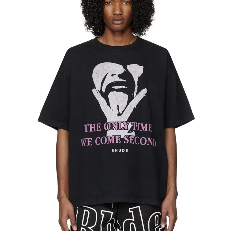 

RHUDE Comfortable High Quality Streetwear Vintage Letter Logo Printed T-shirt Men's and Women's Fashion Oversized Casual T-shirt