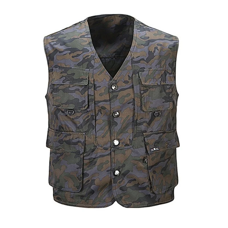 

Men Spring Summer Camouflage Thin Fishing Vest Outdoor Photography Hiking Travel Multi Pocket Double Side Wear Waistcoat Tops