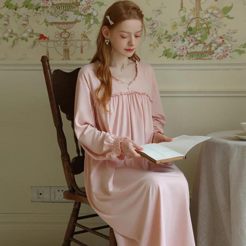 Spring Women's Nightdress Cotton Long Sleeve Sleepshirt Autumn Soft Comfy Nightwear French Style Princess Vintage Dressing Gown