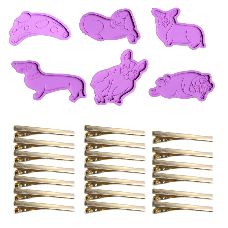 DIY Various Pet Dog Hairpin Silicone Epoxy Mold Cute Animal Dog Headdress Hair Pin Barrette Clip Decorative Casting Mould