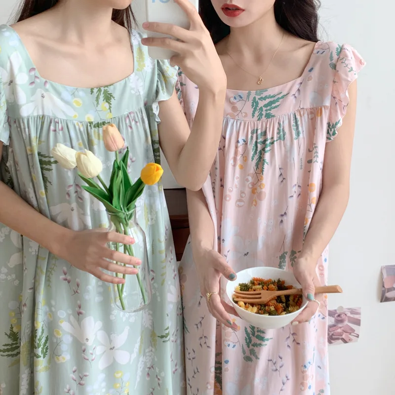 Women's Dresses 2023 Trend Ladies Nightwear Sweets Pajama Floral Print Pretty Gown Long Length Skirts New In Younger's Sleepwear