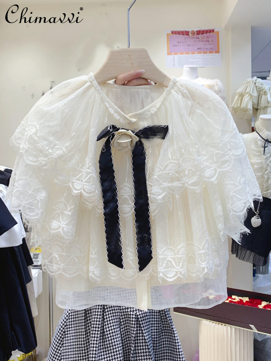 

French Style Three-Dimensional Brooch Flower Ribbon Layered Cotton Yarn Shirts 2022 Summer New Fashion Cake Lace Women Blouse