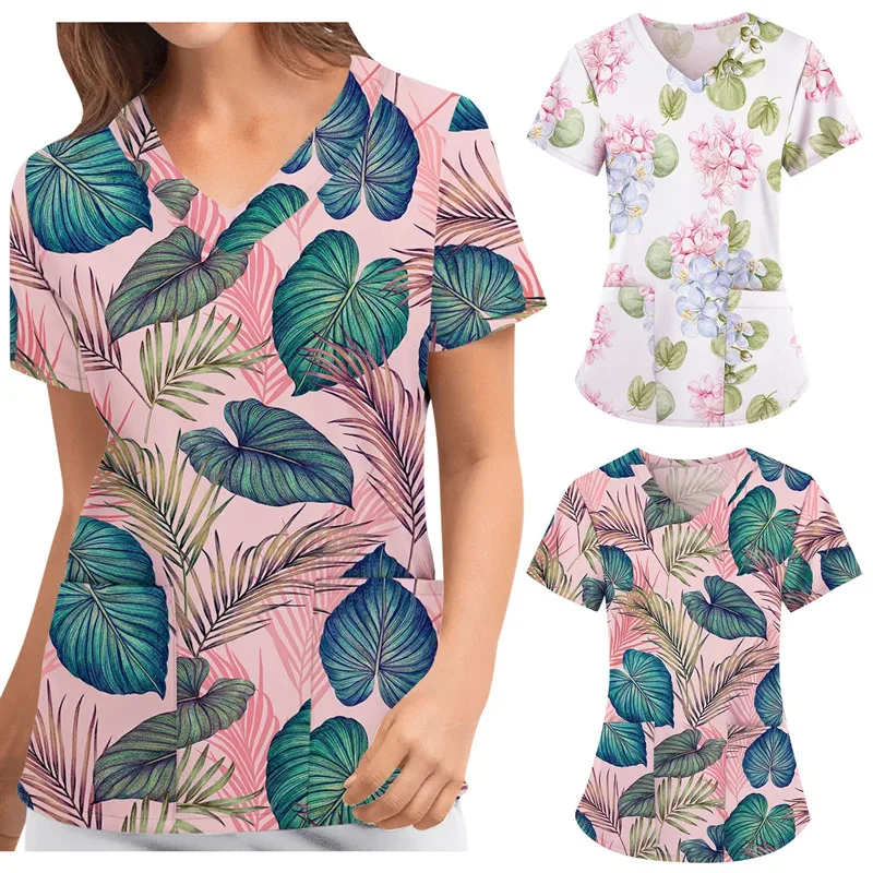 

Women Nurse Uniform Tops V-neck Short Sleeve Leaves Print Nursing Tops for Women Size S-2XL Uniforme Drop Shipping