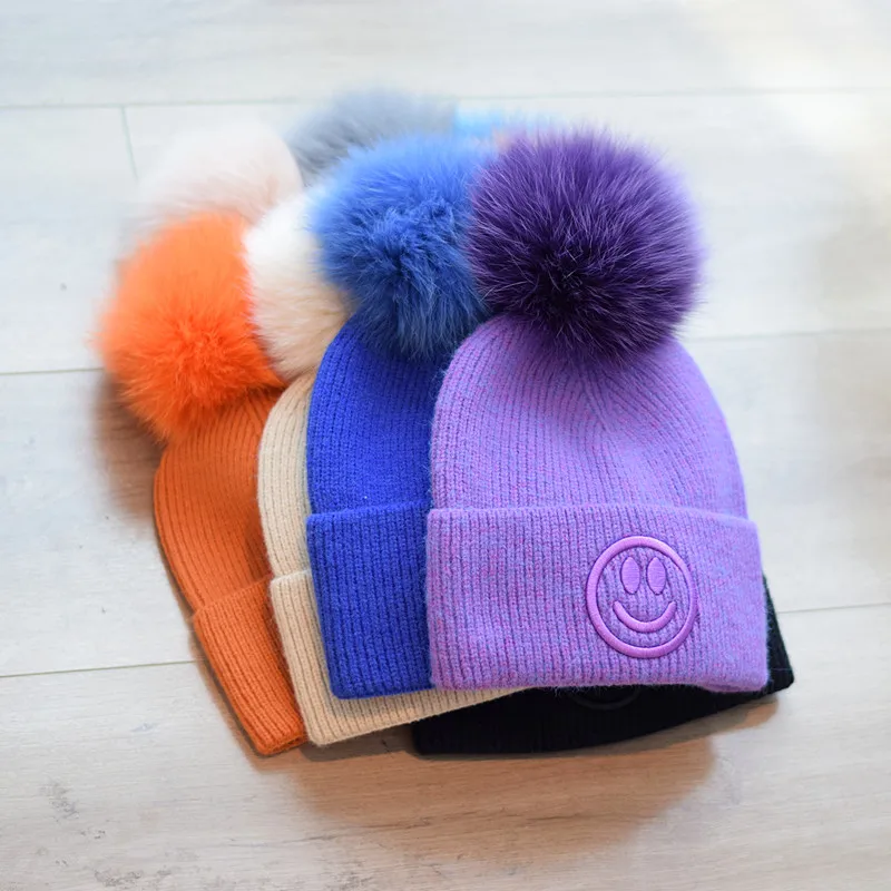 

Cute Embroidered Woolen Cap Women's Autumn and Winter Fox Fur Ball Warm Ear Protection Knitted Hat All-Match Fashion