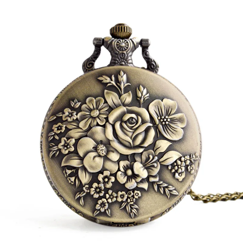 

Retro Luxury Flower Engraving Case Quartz Pocket Watch for Men Arabic Numbers Dial Fob Chain Necklace Pendant Man Clock Present