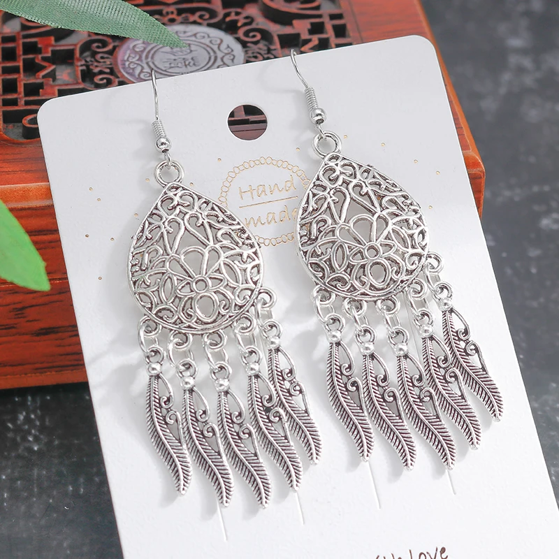 

Vintage Geometric Hollow Carved Flowers Earrings for Women Antique Silver Color Feather Drop Earrings Anniversary Jewelry Gift