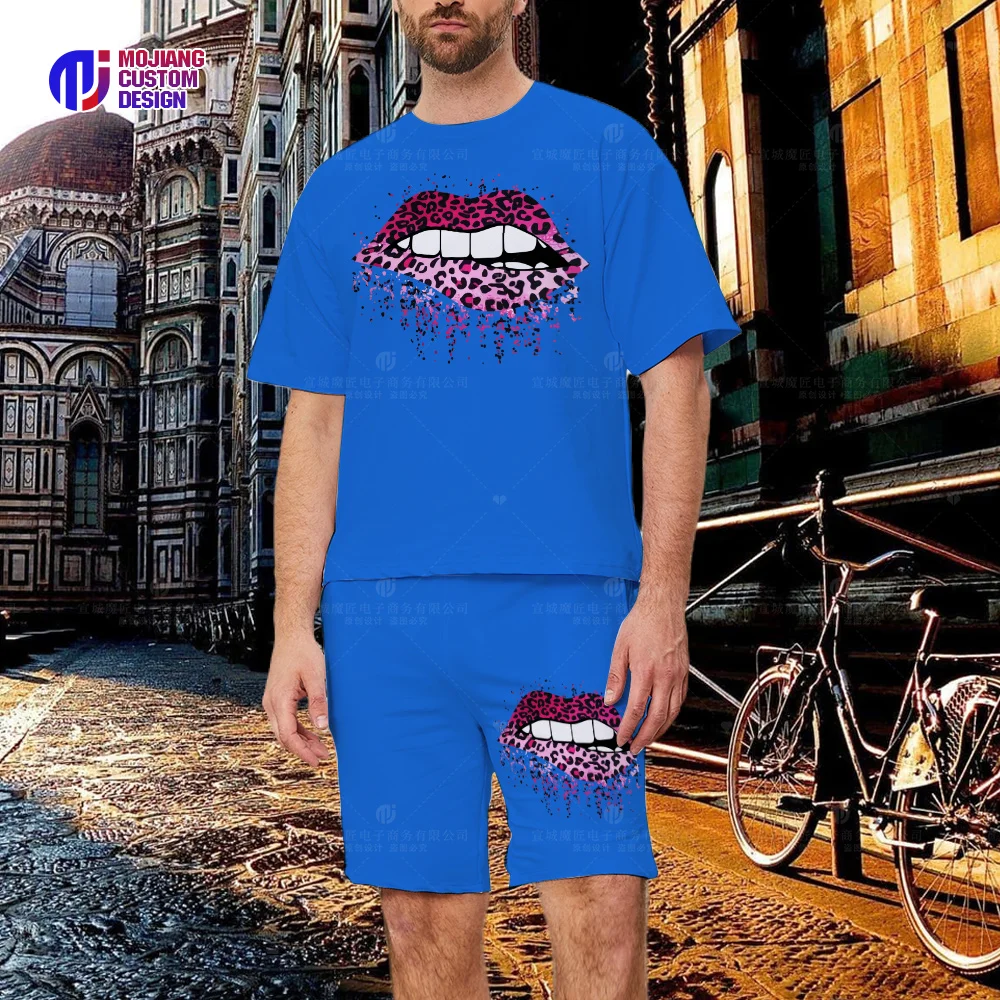 2023 Leopard Print Lip T-Shirt Shorts, Men's New Spring And Summer Casual Round Neck Shirt + Pants Two-Ppiece Suit