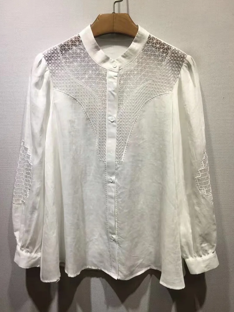 High Quality Linen Blouse 2022 Spring Summer Black White Shirts Women Sexy Tulle Mesh Embroidery Long Sleeve Black White Shirts