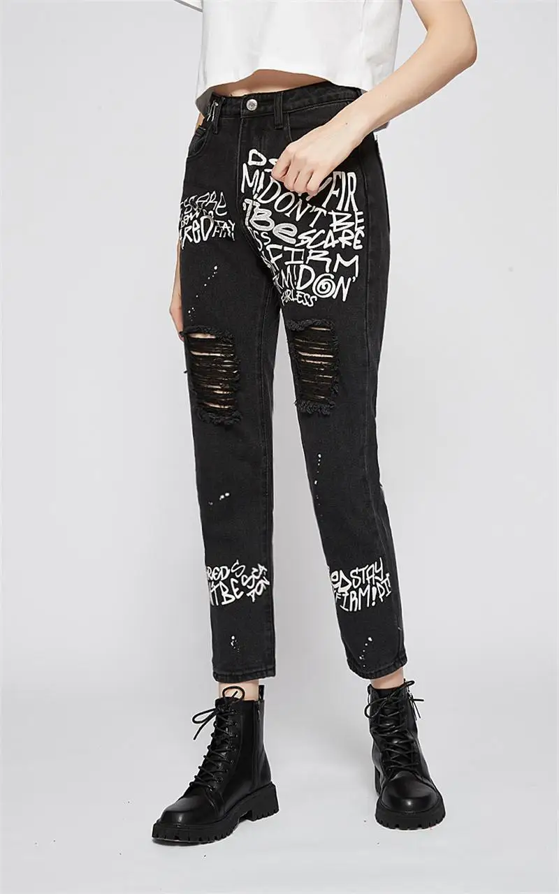 Spring and Autumn Hot Sale Ladies Black Jeans Personality Letter Print Ripped Hole Straight Cross Pants Hot Pants