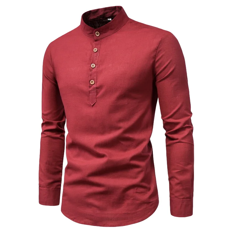 2023 Original Design Shirt Men's Fashion Slim Fit Solid Color Long Sleeve Business Standing Collar Cotton Hemp Half Open Men's