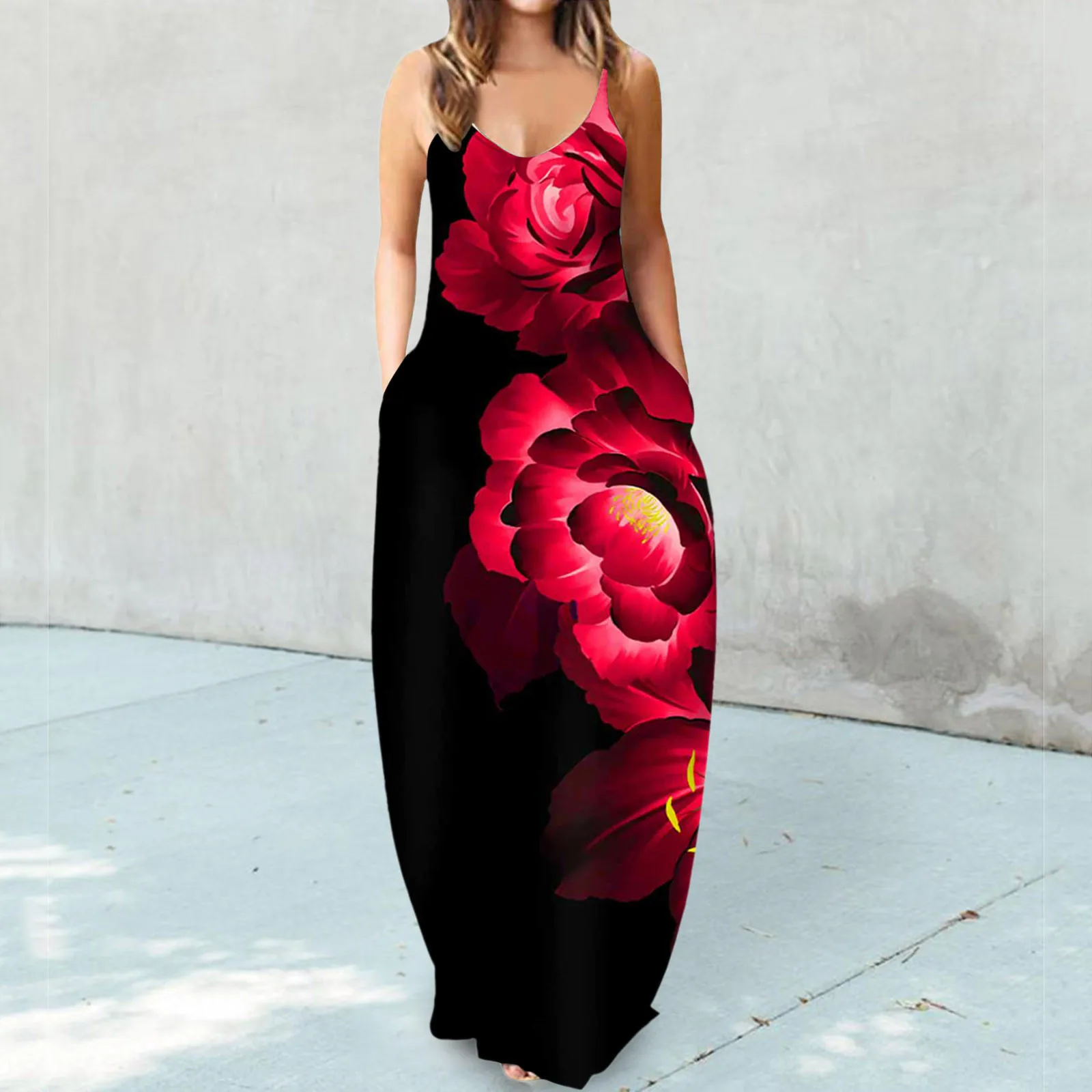 

Women Sleeveless Pocket Elegant Floral Maxi Dress Summer 2022 Vintage Boho Sexy V Neck Dress Beach Oversized Long Loose Dress