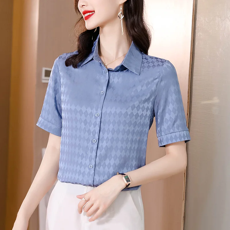 

Блузка Женская атласная с геометрическим рисунком, Элегантная Шелковая Рубашка в винтажном стиле, белый топ с коротким рукавом, лето 2023