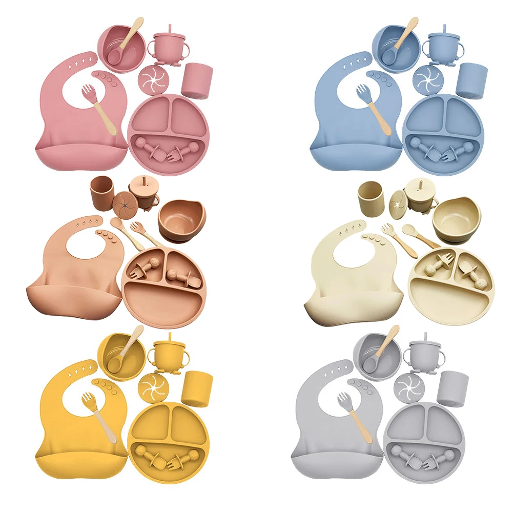 4/9pcs Baby Silicone Plate Set Self-Feeding Antislip Saucer Suction Children's Tableware Silicone Dish for Baby-Led Weaning